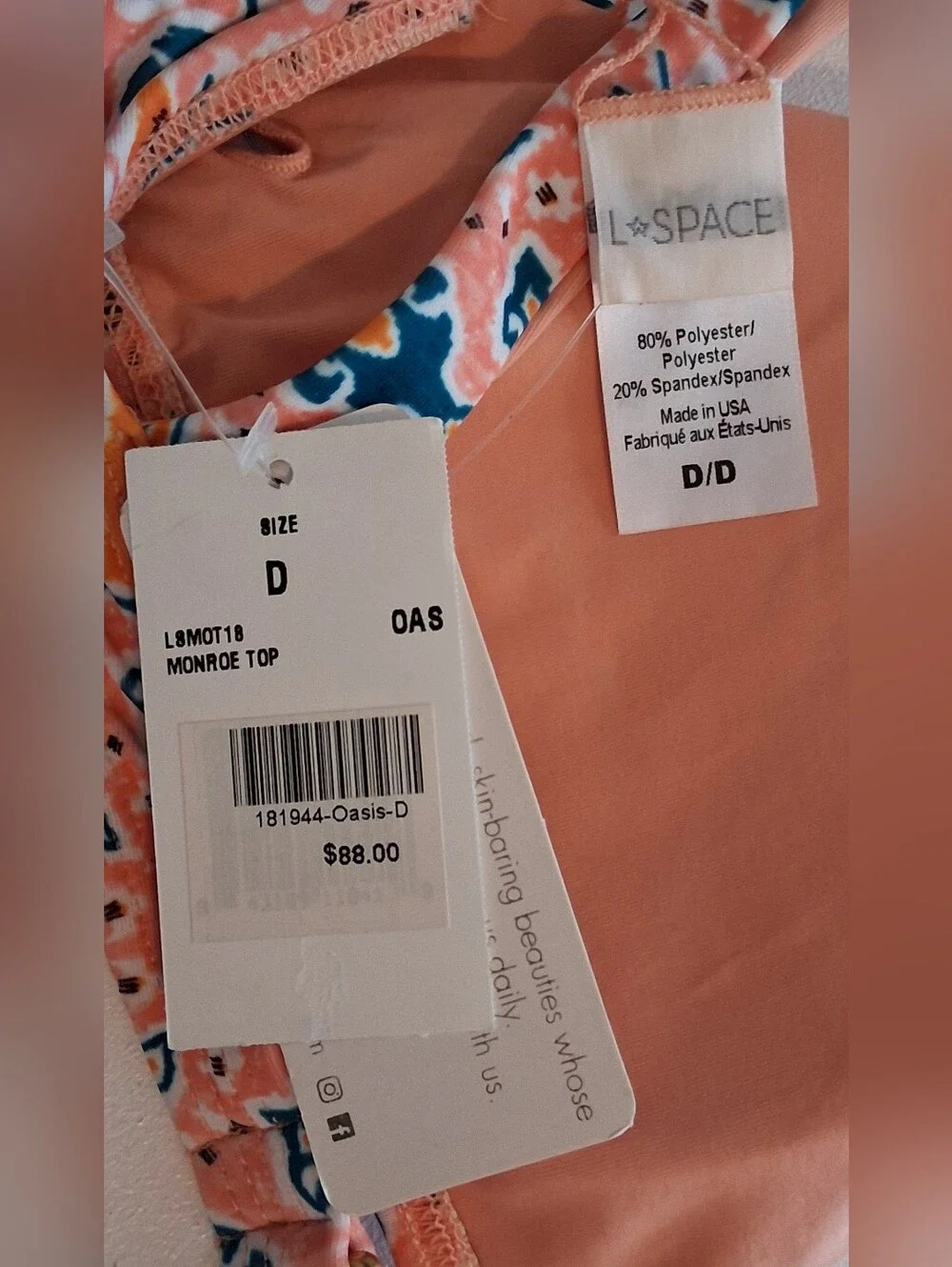 l*space Coral and Navy Printed Bikini Top Sz D NWT